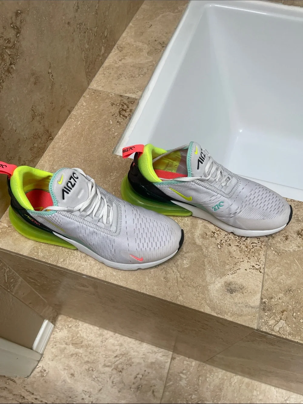 Nike Air270 Athletic Shoes in White with Neon Green & Coral Accents